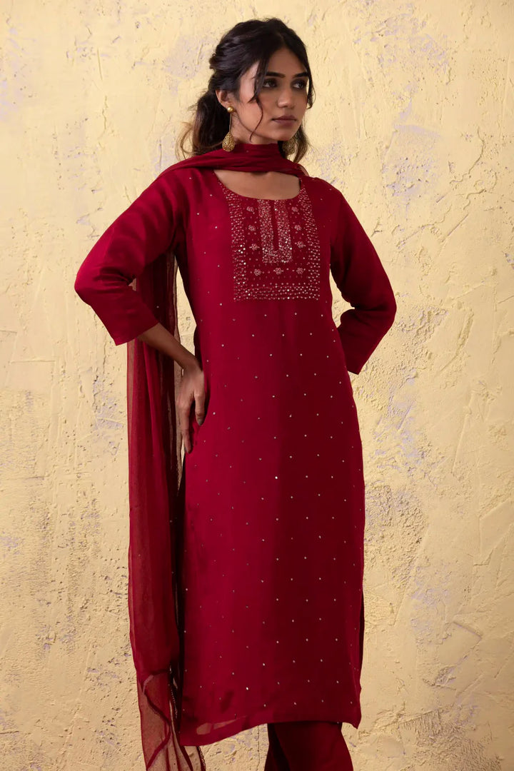 PAYAL Carmine Red Kurta Suit Set with Khat Work Detailing - Payal