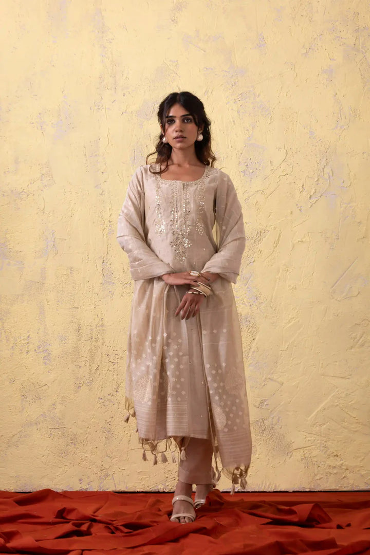 PAYAL Festive Cream Kurta Suit Set with Jamdani Weave Dupatta - Payal