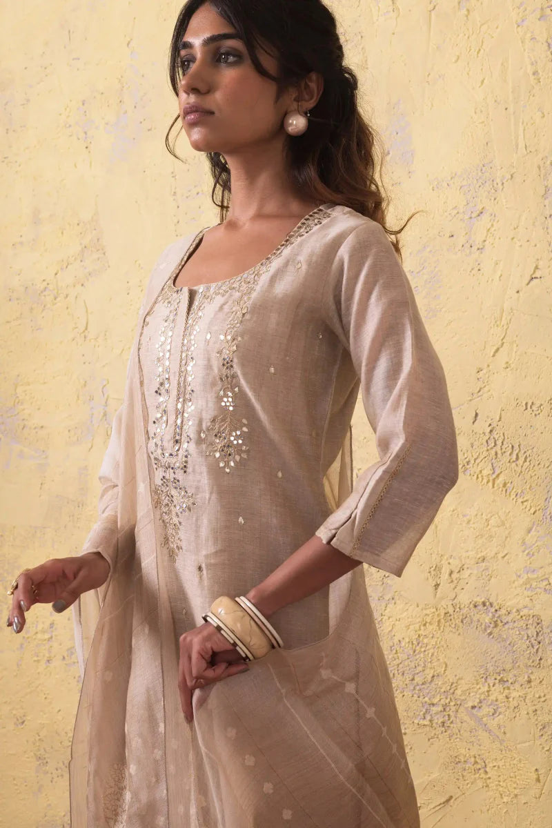 PAYAL Festive Cream Kurta Suit Set with Jamdani Weave Dupatta - Payal