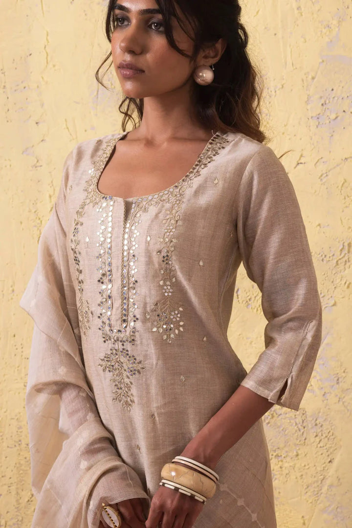 PAYAL Festive Cream Kurta Suit Set with Jamdani Weave Dupatta - Payal