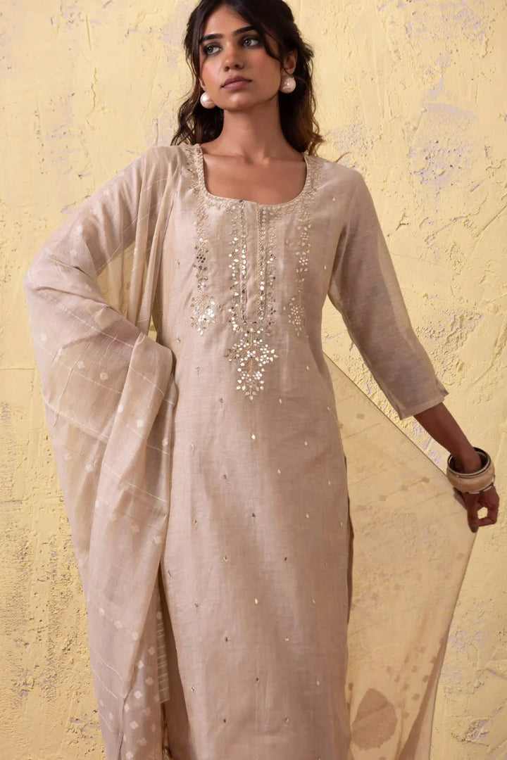 PAYAL Festive Cream Kurta Suit Set with Jamdani Weave Dupatta - Payal