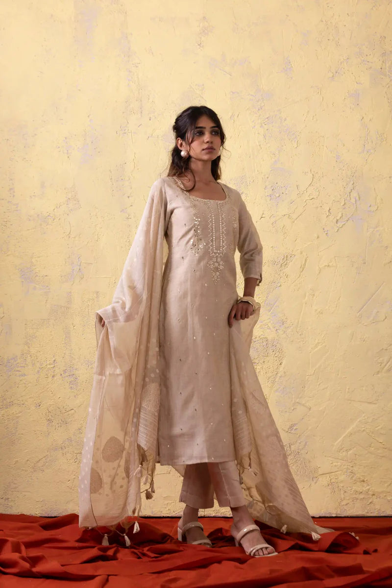 PAYAL Festive Cream Kurta Suit Set with Jamdani Weave Dupatta - Payal