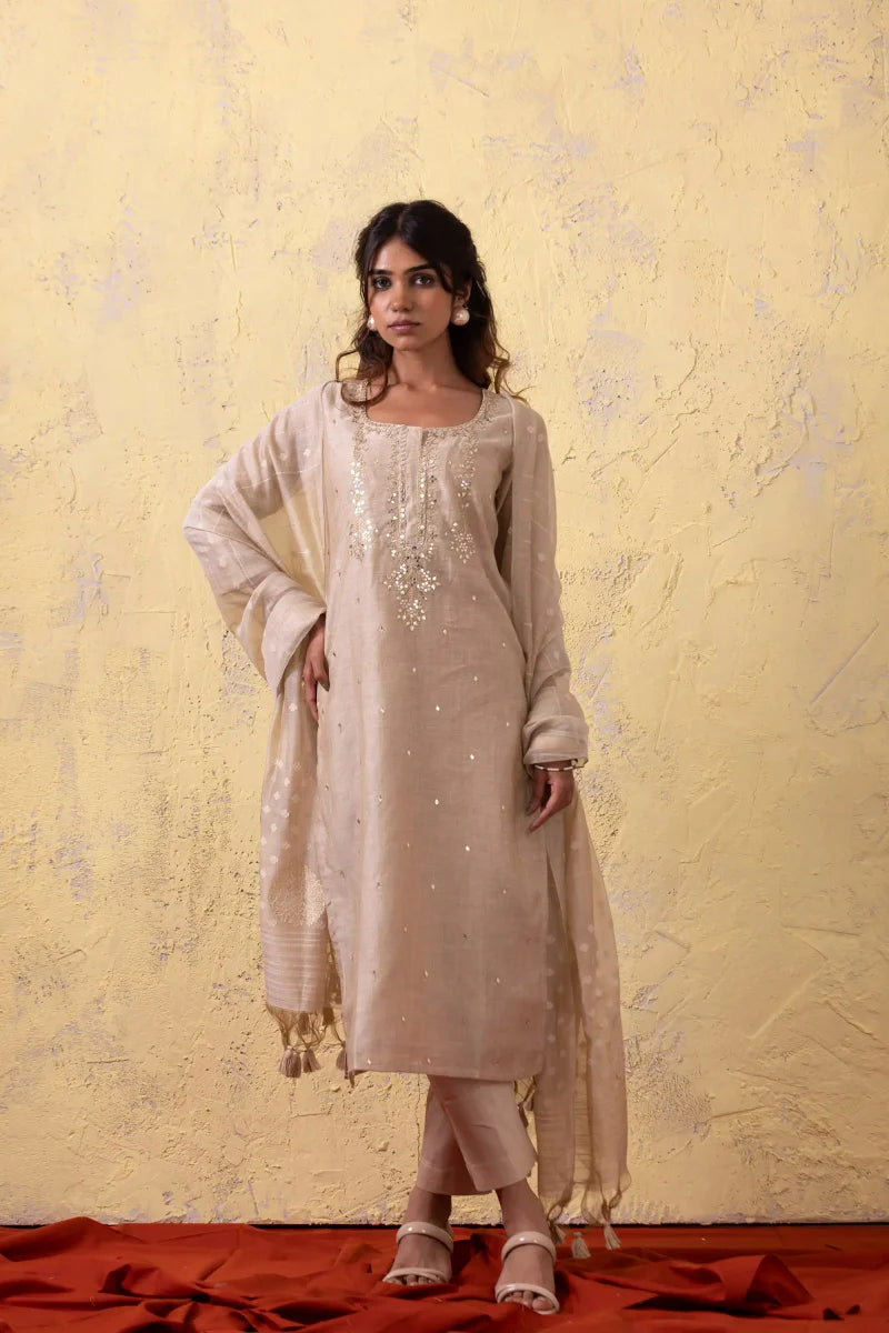 PAYAL Festive Cream Kurta Suit Set with Jamdani Weave Dupatta - Payal