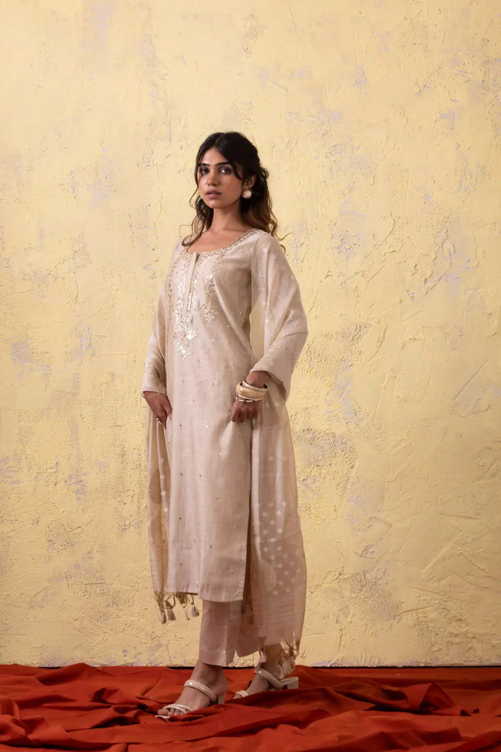 PAYAL Festive Cream Kurta Suit Set with Jamdani Weave Dupatta - Payal