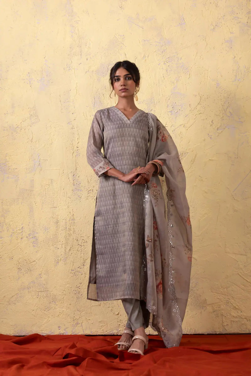 PAYAL Grey Festive Kurta Suit Set with Handwork Detailing - Payal