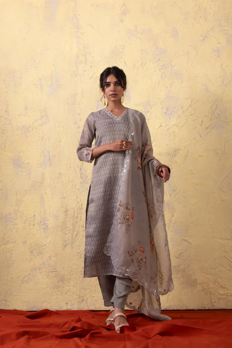 PAYAL Grey Festive Kurta Suit Set with Handwork Detailing - Payal