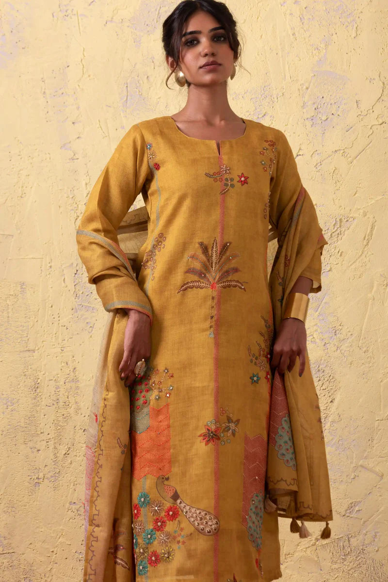 PAYAL Mustard Yellow Kurta Suit Set with Intricate Print and Handwork Detailing - Payal