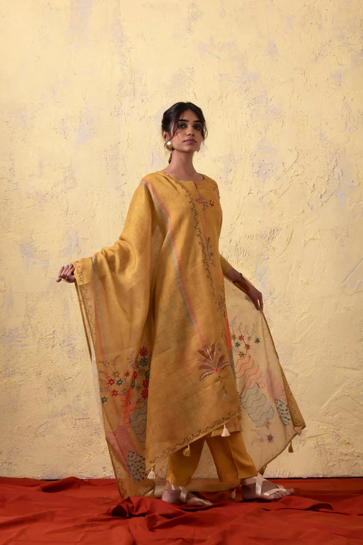 PAYAL Mustard Yellow Kurta Suit Set with Intricate Print and Handwork Detailing - Payal