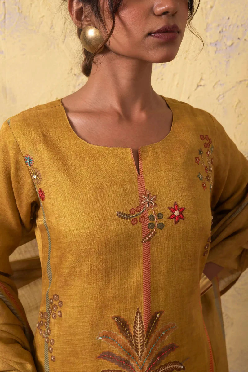 PAYAL Mustard Yellow Kurta Suit Set with Intricate Print and Handwork Detailing - Payal