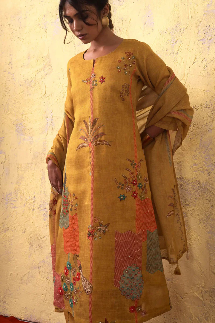 PAYAL Mustard Yellow Kurta Suit Set with Intricate Print and Handwork Detailing - Payal