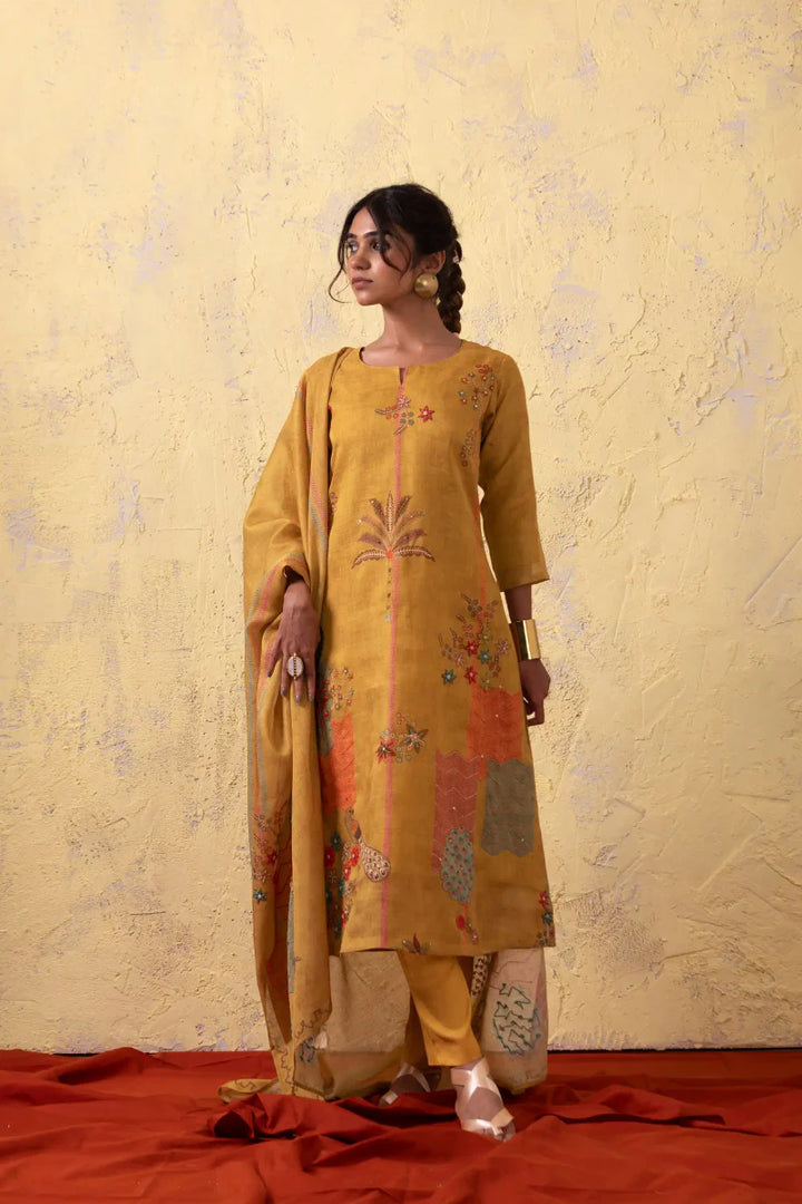 PAYAL Mustard Yellow Kurta Suit Set with Intricate Print and Handwork Detailing - Payal