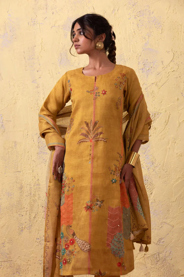 PAYAL Mustard Yellow Kurta Suit Set with Intricate Print and Handwork Detailing - Payal