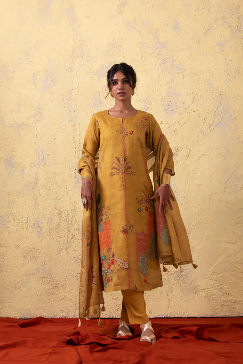 PAYAL Mustard Yellow Kurta Suit Set with Intricate Print and Handwork Detailing - Payal