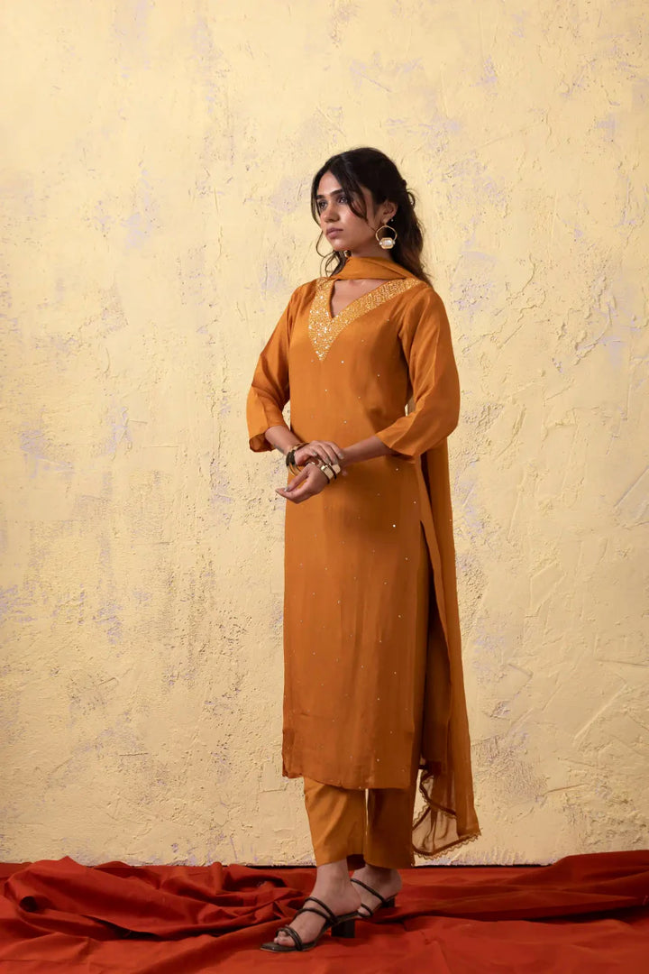 PAYAL Mustard Yellow Silk Kurta Suit Set with Chiffon Dupatta - Payal