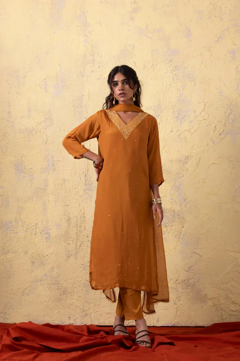 PAYAL Mustard Yellow Silk Kurta Suit Set with Chiffon Dupatta - Payal