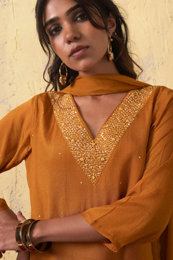 PAYAL Mustard Yellow Silk Kurta Suit Set with Chiffon Dupatta - Payal