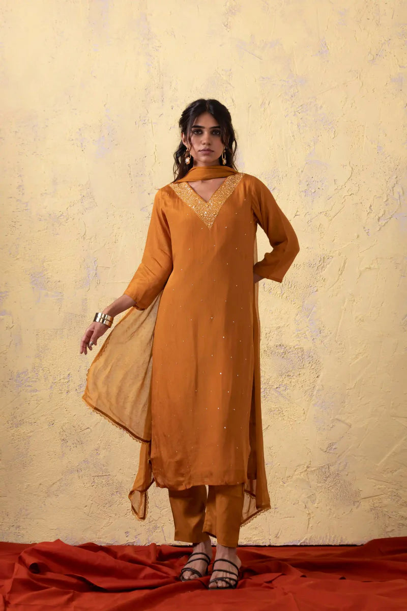 PAYAL Mustard Yellow Silk Kurta Suit Set with Chiffon Dupatta - Payal