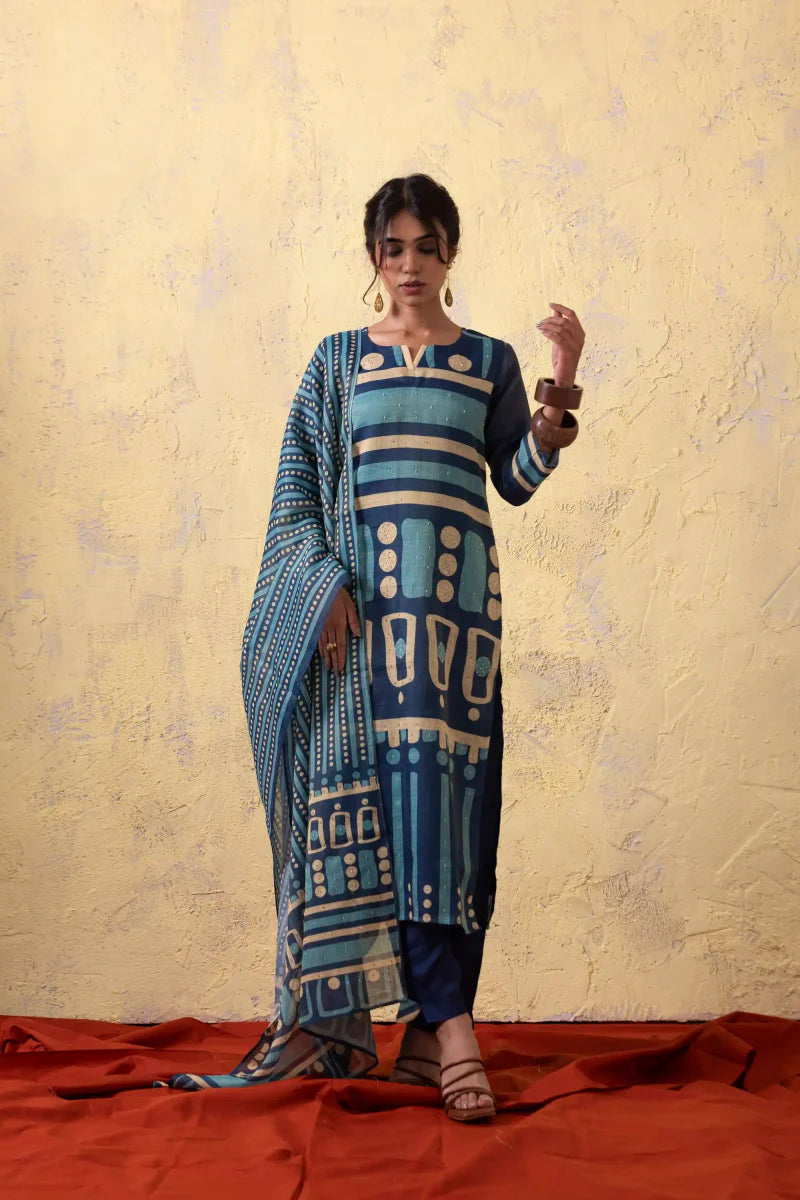 PAYAL Navy Blue Kurta Suit Set with Abstract Print Design - Payal