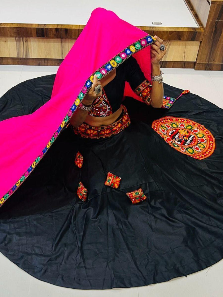 Handcrafted Black Gamthi Work Lehenga for Navratri | Mirror & Butta Details