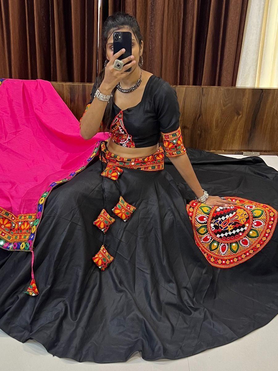 Handcrafted Black Gamthi Work Lehenga for Navratri | Mirror & Butta Details