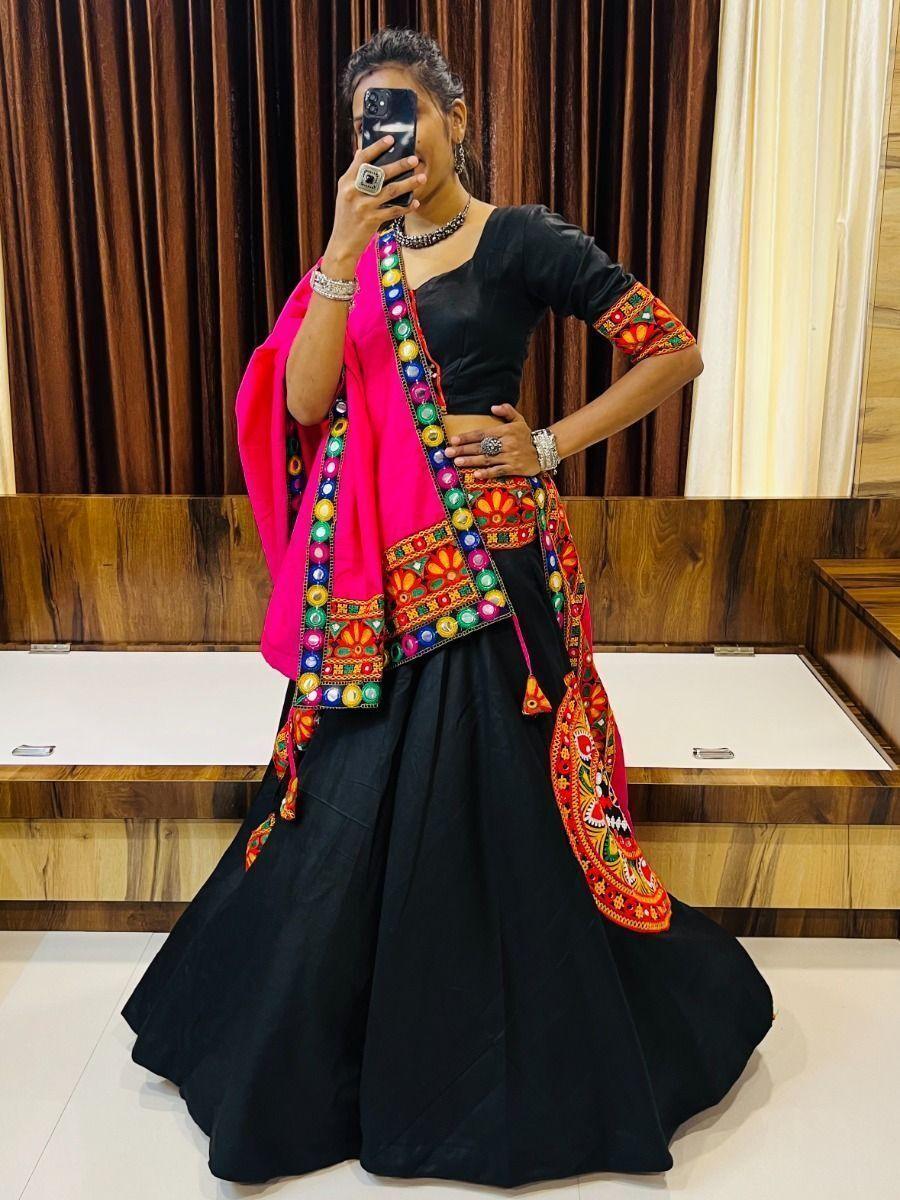 Handcrafted Black Gamthi Work Lehenga for Navratri | Mirror & Butta Details