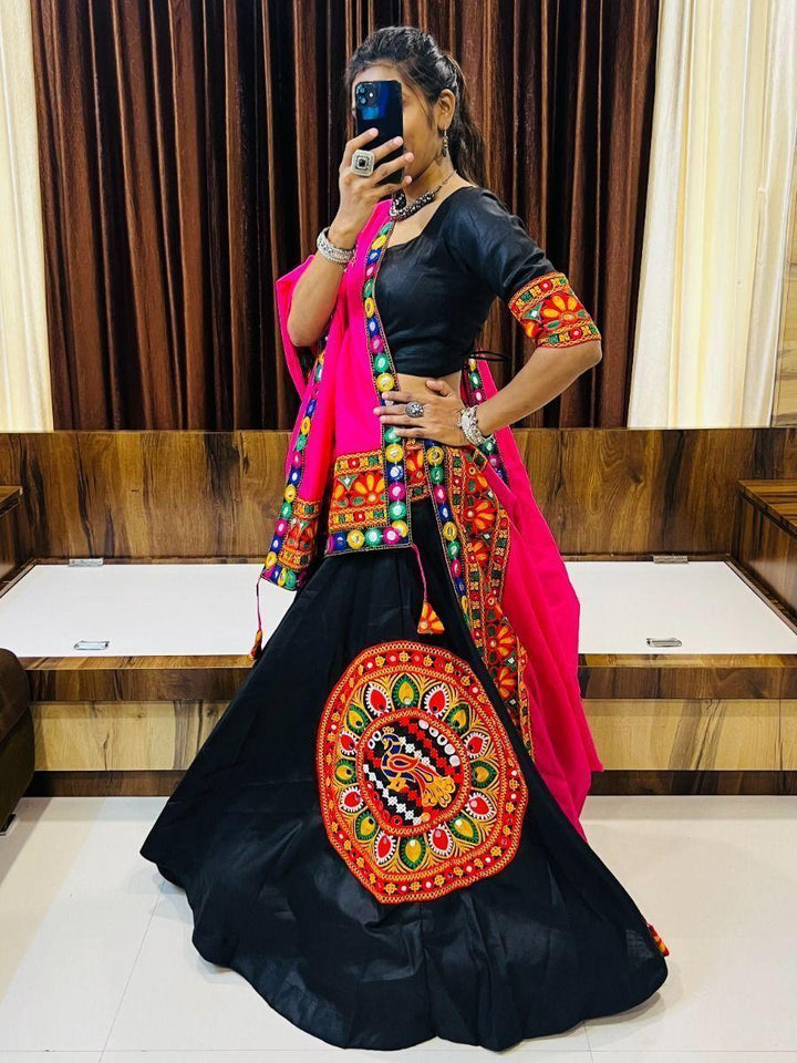 Handcrafted Black Gamthi Work Lehenga for Navratri | Mirror & Butta Details