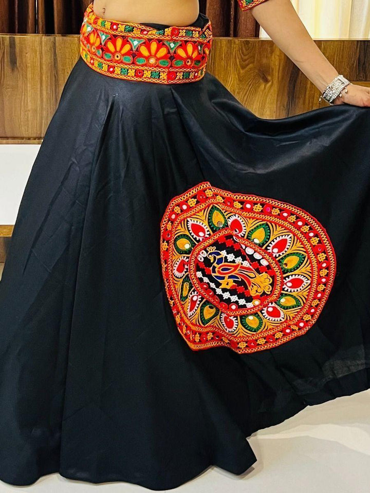 Handcrafted Black Gamthi Work Lehenga for Navratri | Mirror & Butta Details