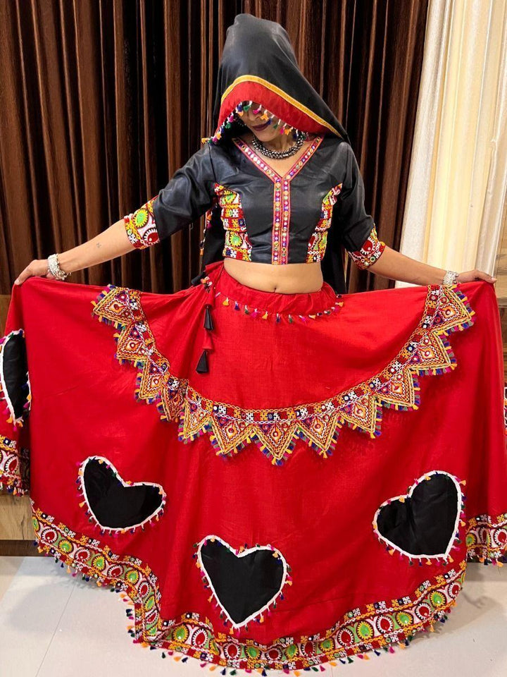 Vibrant Red & Black Mirror Work Lehenga Choli | Ready-to-Wear Navratri Outfit