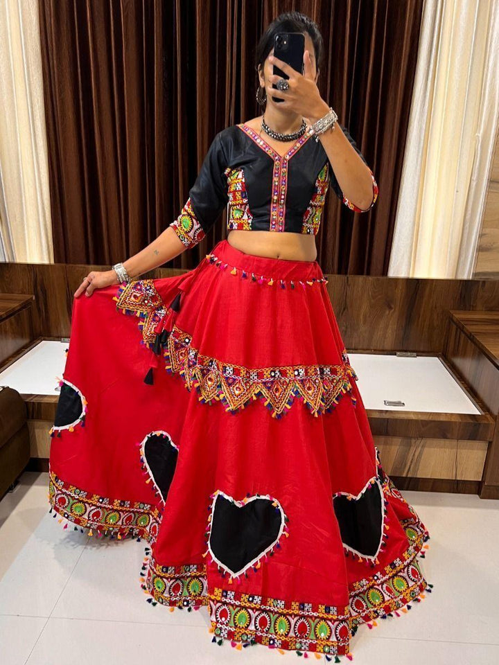 Vibrant Red & Black Mirror Work Lehenga Choli | Ready-to-Wear Navratri Outfit