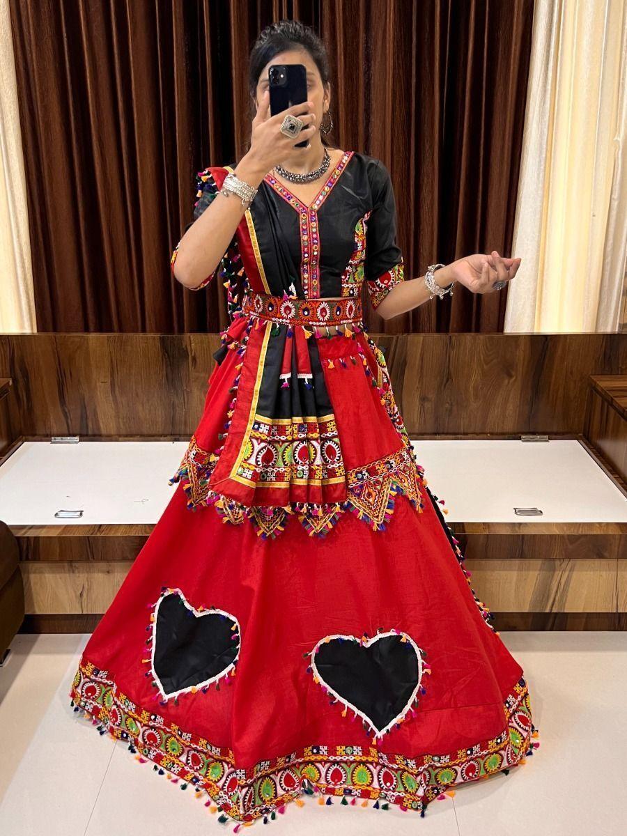 Vibrant Red & Black Mirror Work Lehenga Choli | Ready-to-Wear Navratri Outfit