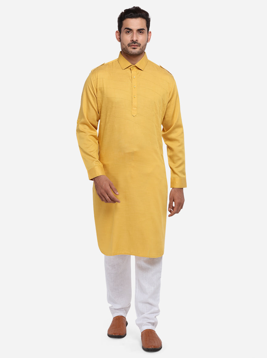 Elevate your look with this Solid Mustard Yellow Pathani.