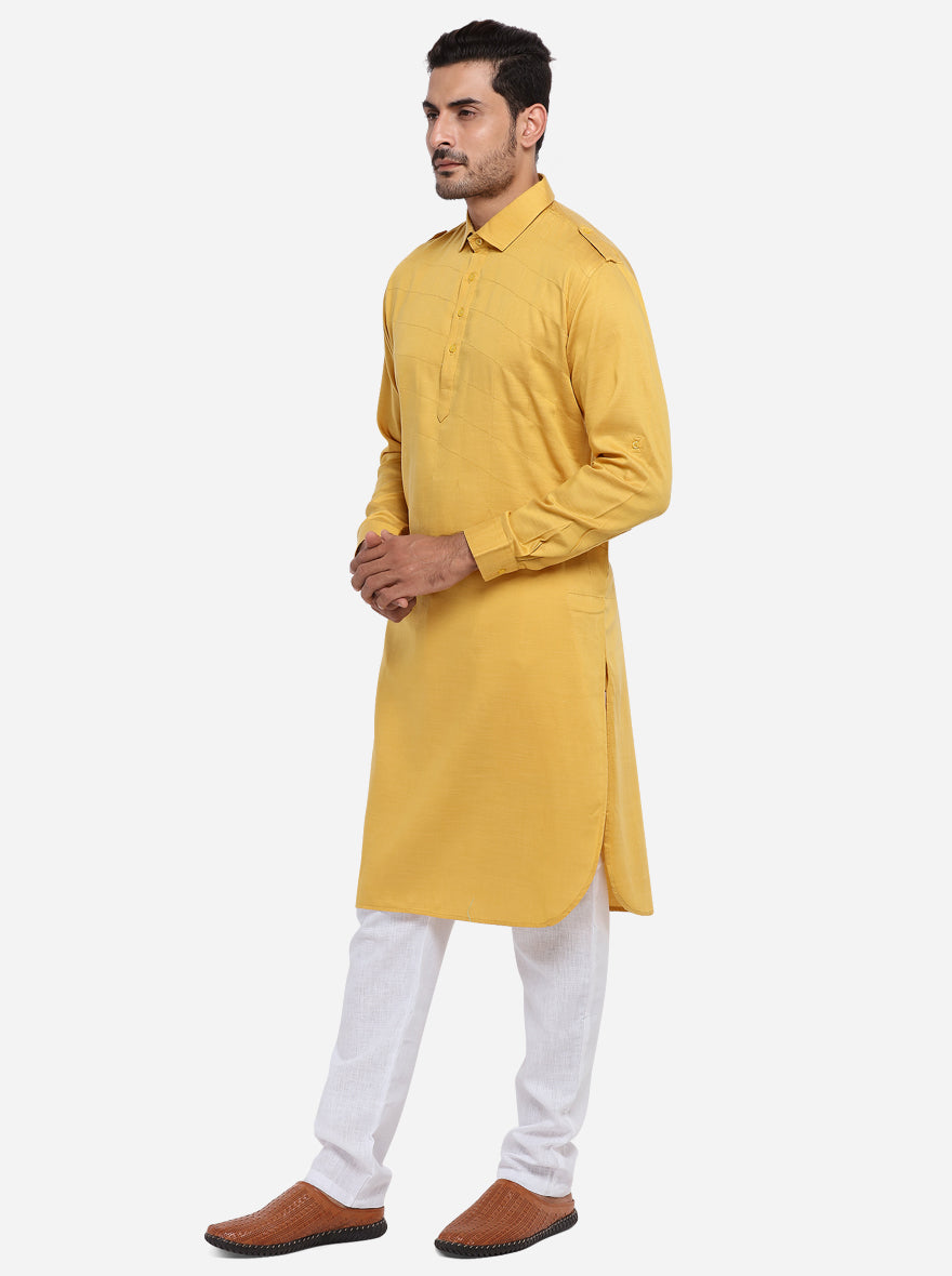 Comfortable mustard yellow pathani stitched for all-day wear.