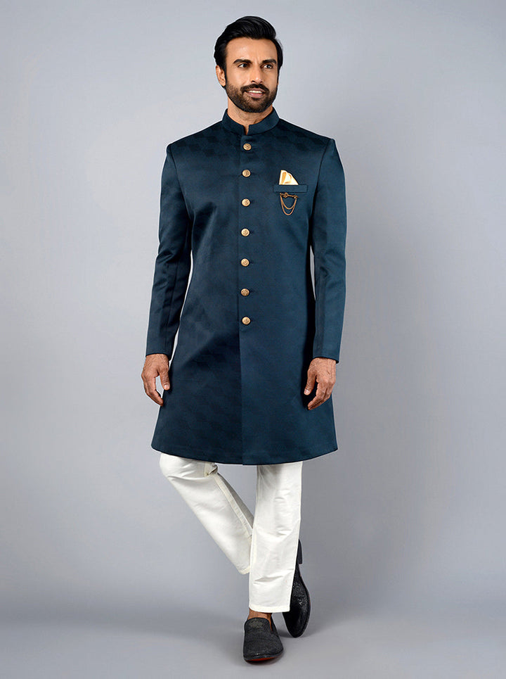 Deep Peacock Indowestern with jacquard silk for men's ethnic wear