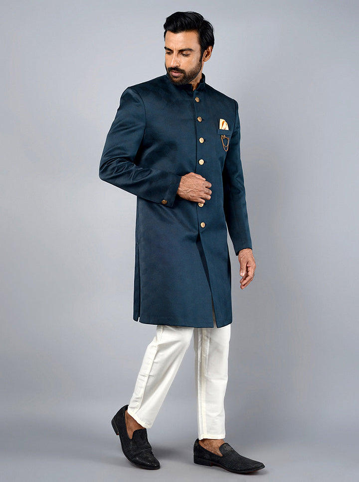 Capture attention with this elegant Deep Peacock Blue Indo Western outfit, ideal for fashionable events.