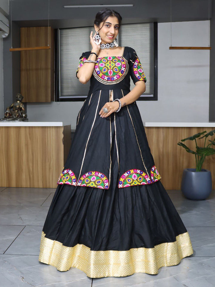 Gorgeous Black Mirror Work Cotton Navratri Lehenga With Long Top