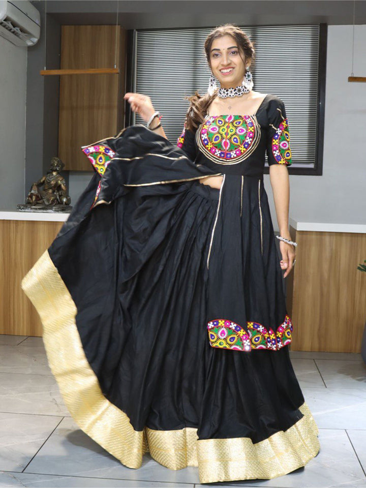 Gorgeous Black Mirror Work Cotton Navratri Lehenga With Long Top