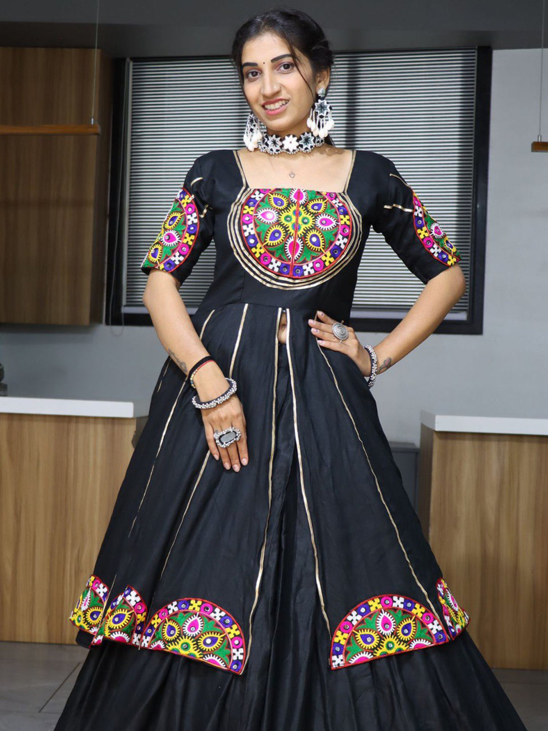 Gorgeous Black Mirror Work Cotton Navratri Lehenga With Long Top