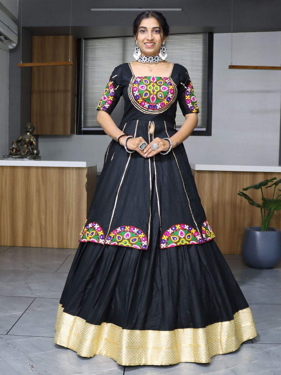 Gorgeous Black Mirror Work Cotton Navratri Lehenga With Long Top