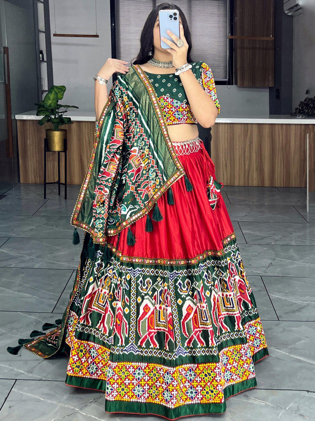 Charming Red Patola Printed Silk Navratri Lehenga Choli With Dupatta