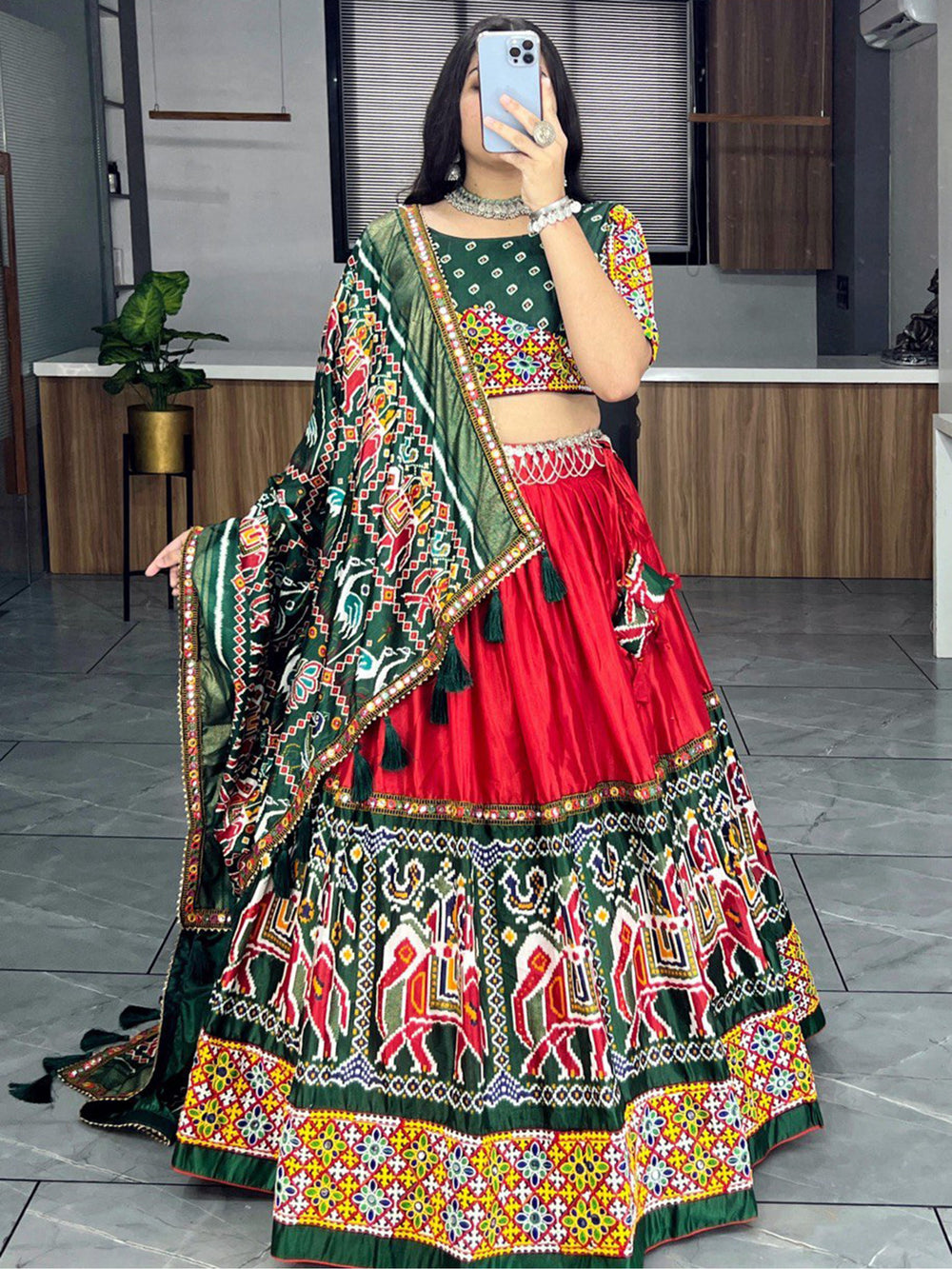 Charming Red Patola Printed Silk Navratri Lehenga Choli With Dupatta