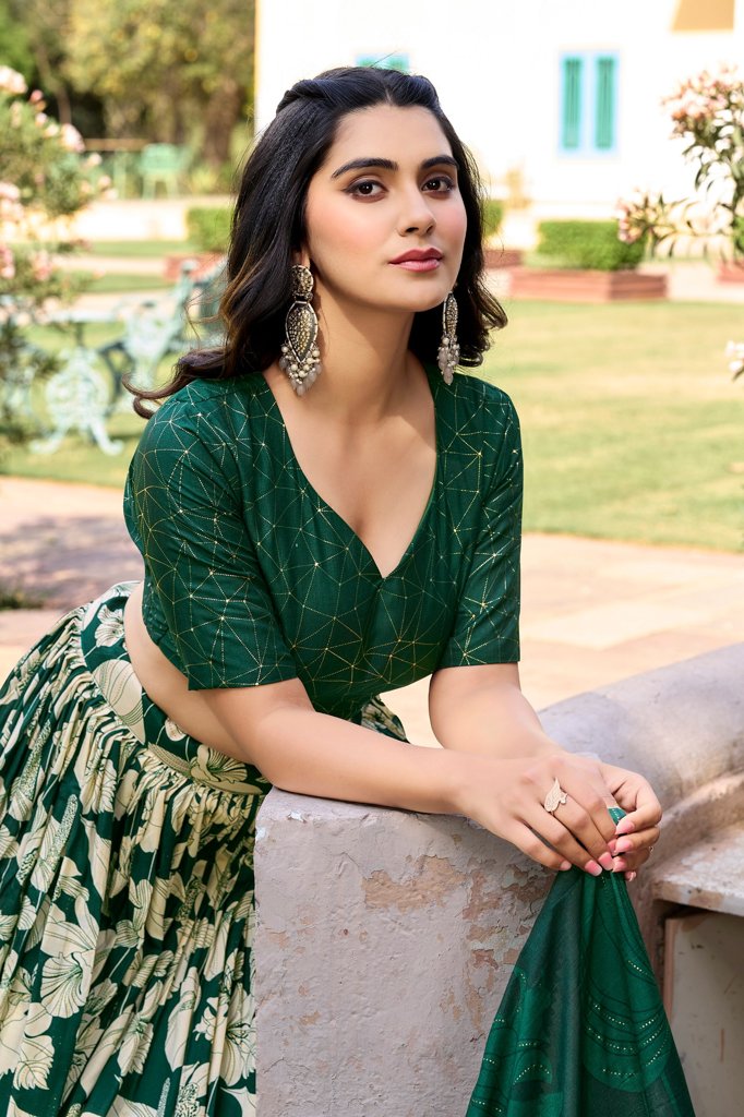 Gorgeous green Tussar silk floral lehenga with foil print, tassels, and zip closure, perfect for events.