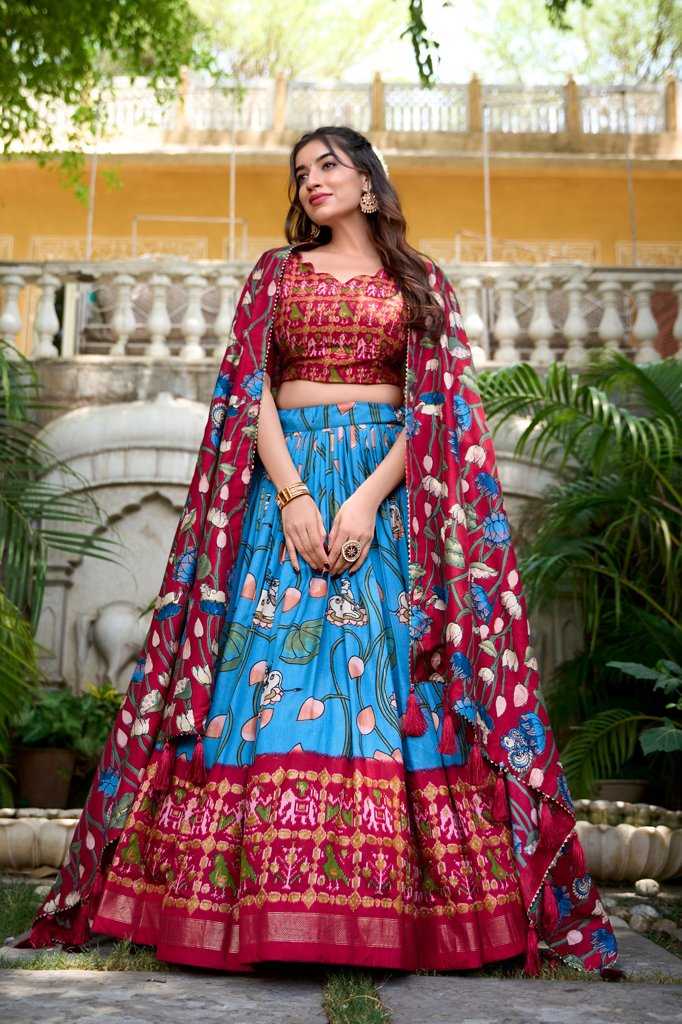 Blue Tussar Silk Lehenga Set with Pichwai and Patola Prints, USA exclusive, paired with a Kalamkari Dupatta