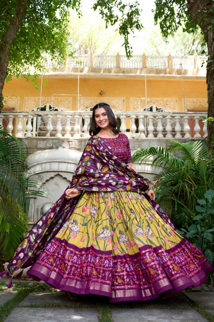 Yellow Tussar Silk Lehenga Set featuring Pichwai and Patola Prints, with a Kalamkari Dupatta for USA customers