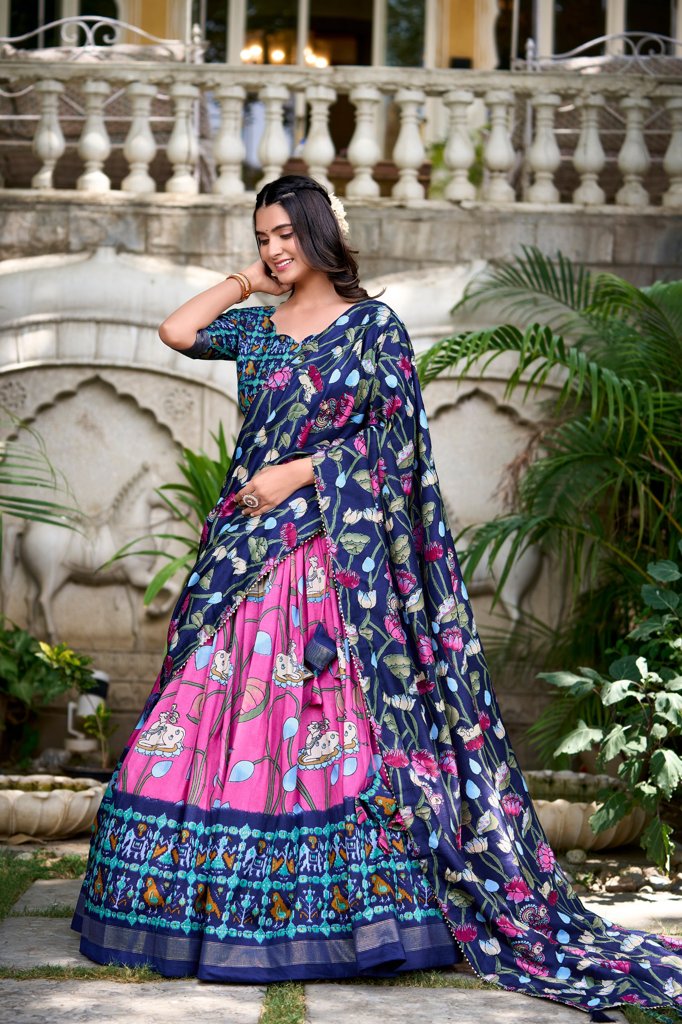 Pichwai and Patola Printed Lehenga Set in Pink Tussar Silk, Kalamkari Dupatta for USA women