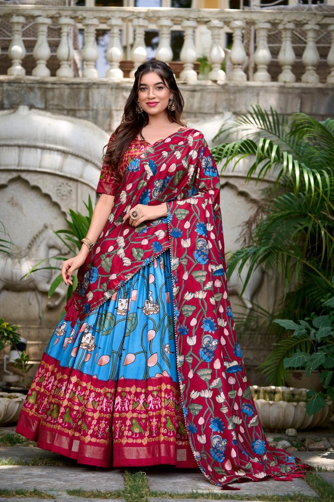 USA-focused Blue Lehenga Set crafted from Tussar Silk, featuring unique Pichwai Prints and Kalamkari Dupatta