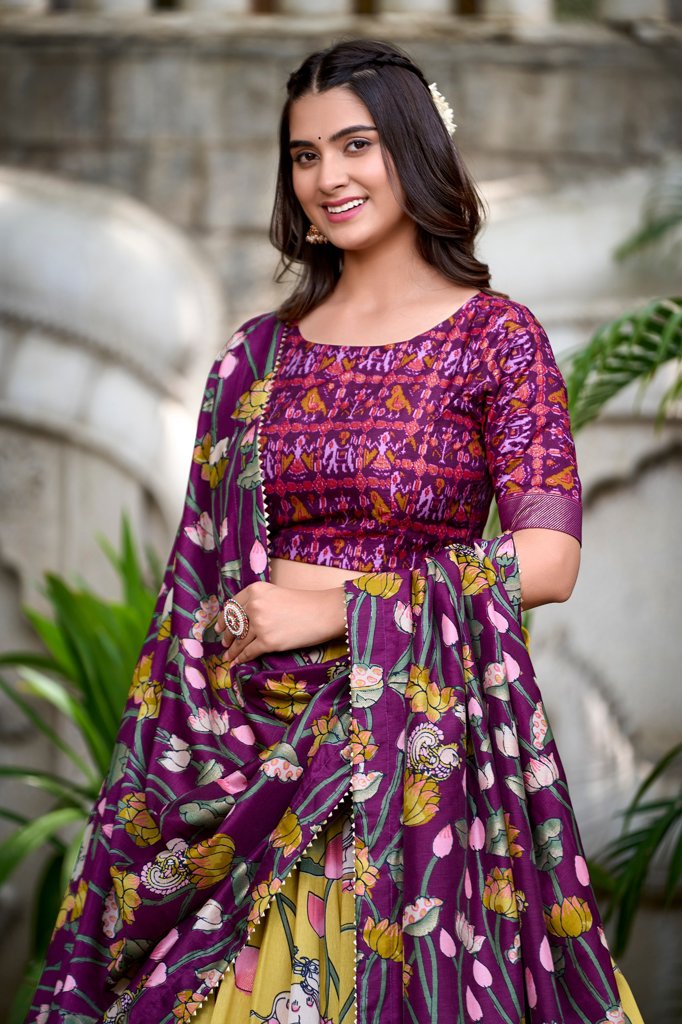 USA-focused Yellow Lehenga Set in Tussar Silk, with Pichwai Print and Kalamkari Dupatta for traditional events