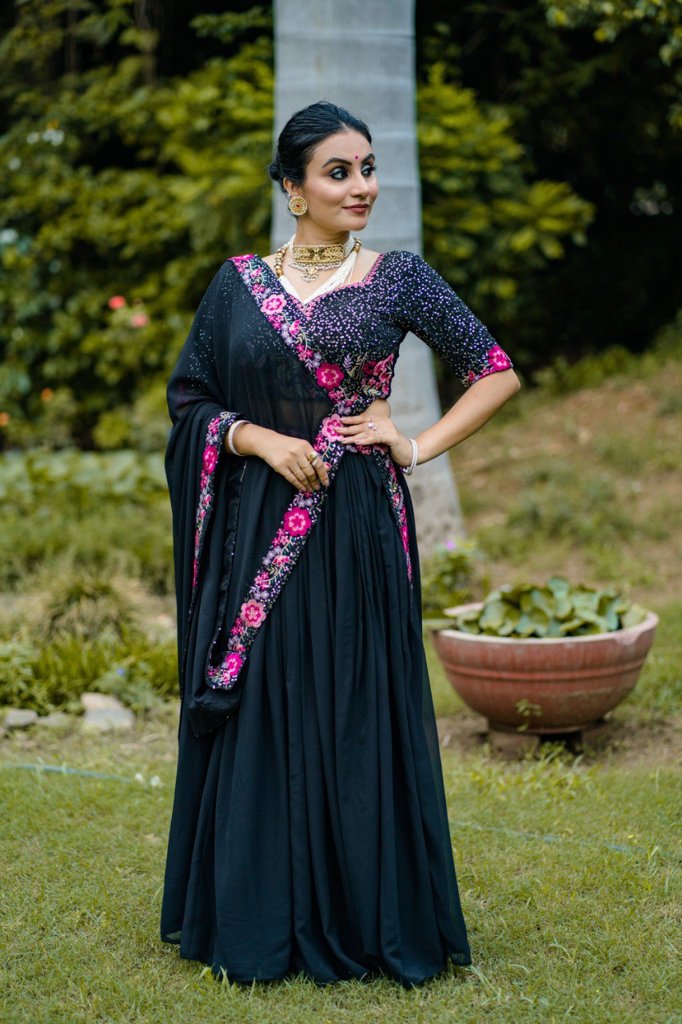 Bridal black georgette lehenga choli with intricate sequin embroidery for weddings and receptions in the USA