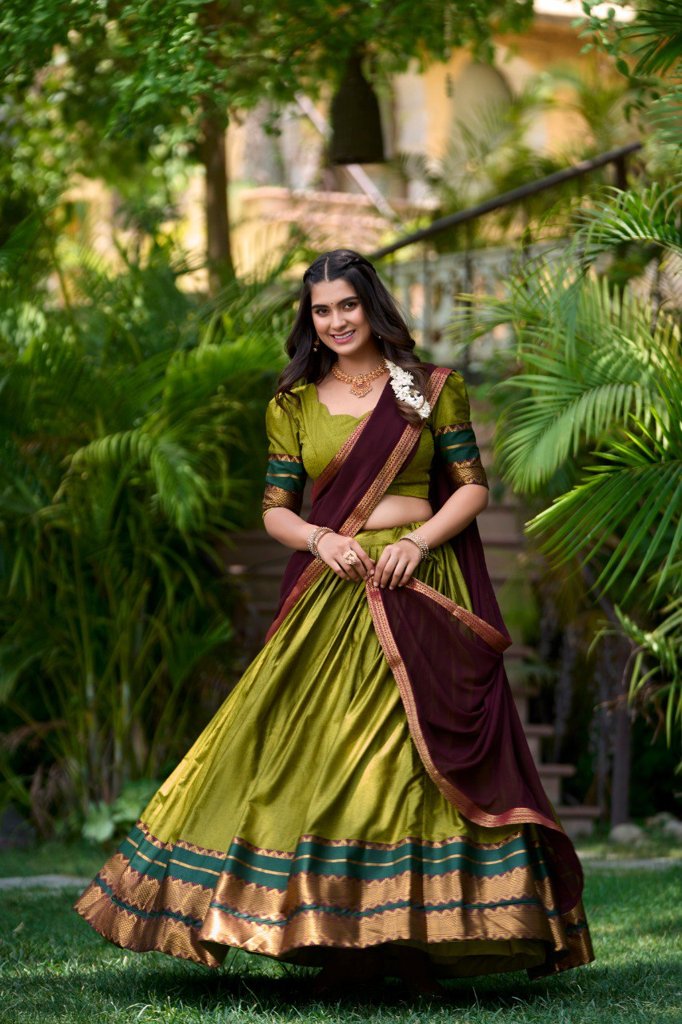 Bright pink poly cotton lehenga set featuring delicate zari embroidery and a light brown georgette dupatta