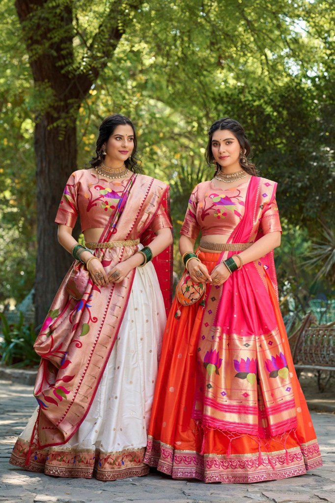 Beautiful white Paithani lehenga set in jacquard silk, featuring an ethereal dupatta and batwa for a regal wedding look.