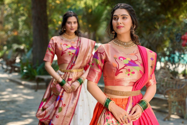 Timeless white Paithani lehenga with intricate jacquard silk design, adorned with a luxurious dupatta and batwa for weddings.